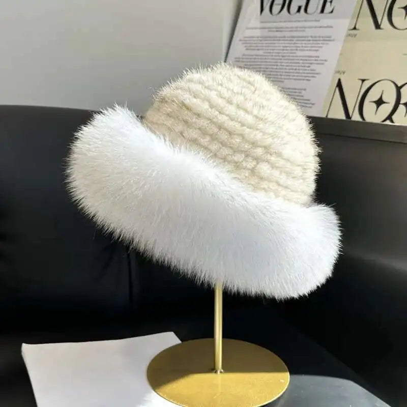 Gorro de piel de visón auténtica para mujer, gorro de pescador a la moda de invierno, gorro de piel de visón Natural con gorros de piel de zorro, gorro de bombardero de punto ruso