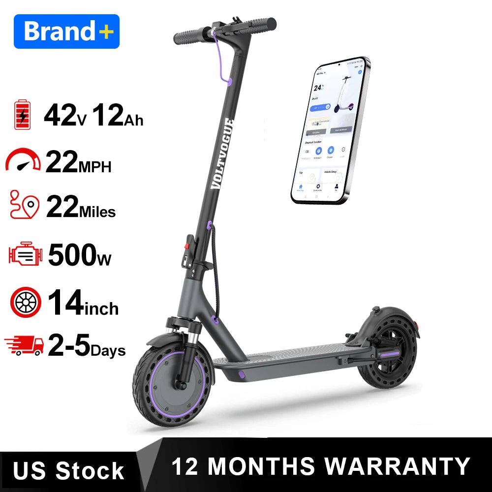 Patinete eléctrico plegable negro con detalles morados y app en el móvil