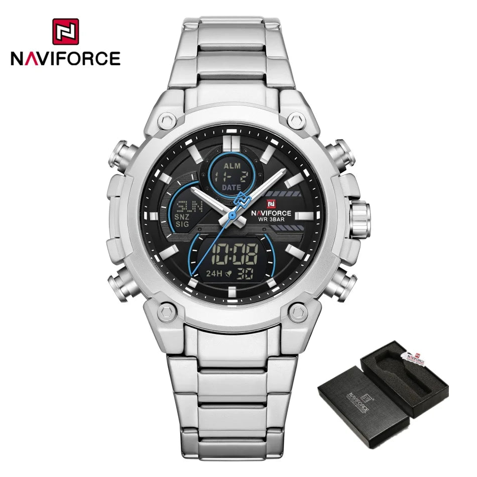 Nuevo reloj para hombre NAVIFORCE, resistente al agua, con cuenta regresiva, deportes, doble pantalla, reloj de pulsera de cuarzo, LCD, luminoso, alarma y reloj digital.