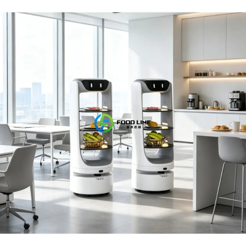 Robot camarero repartidor blanco con dos estantes para entrega de comida