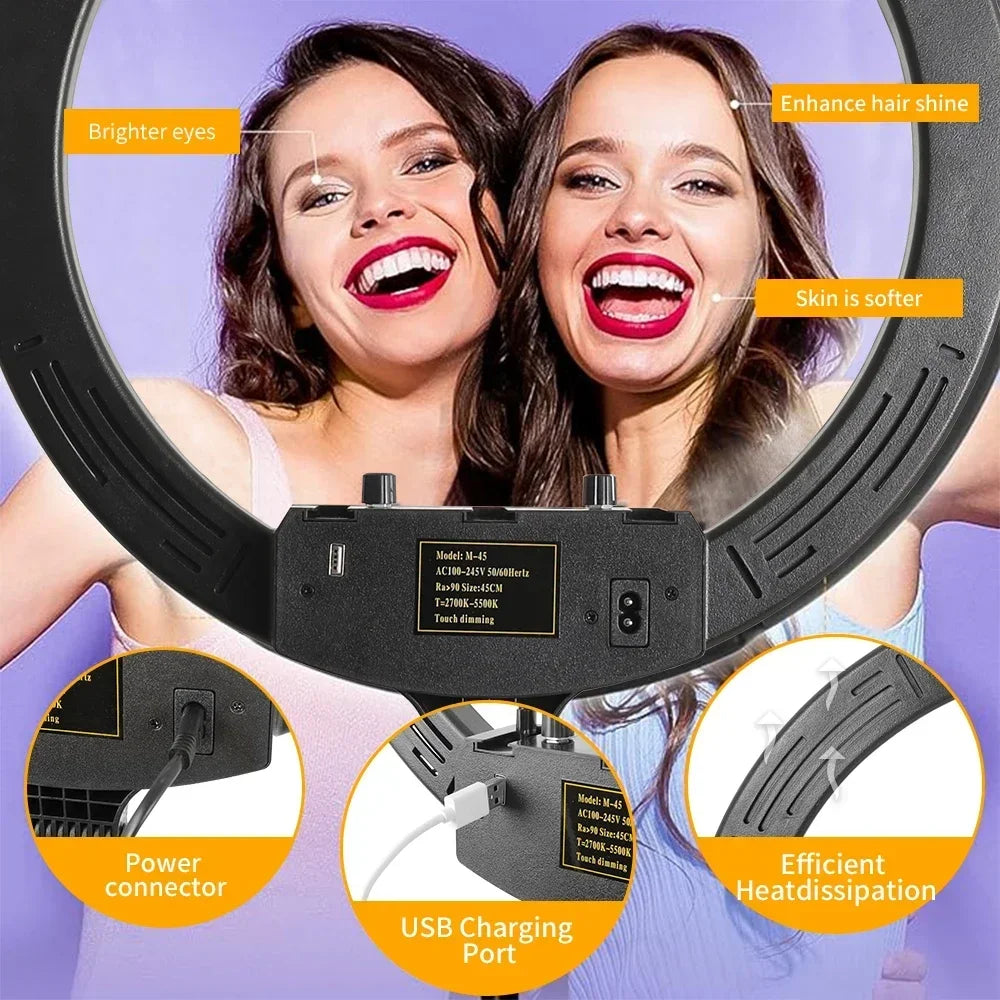 Anillo de Luz LED RGB para Selfies con Trípode, 11 Estilos, 18 Pulgadas (45 cm), Recargable por USB, Regulable, para Estudio Fotográfico