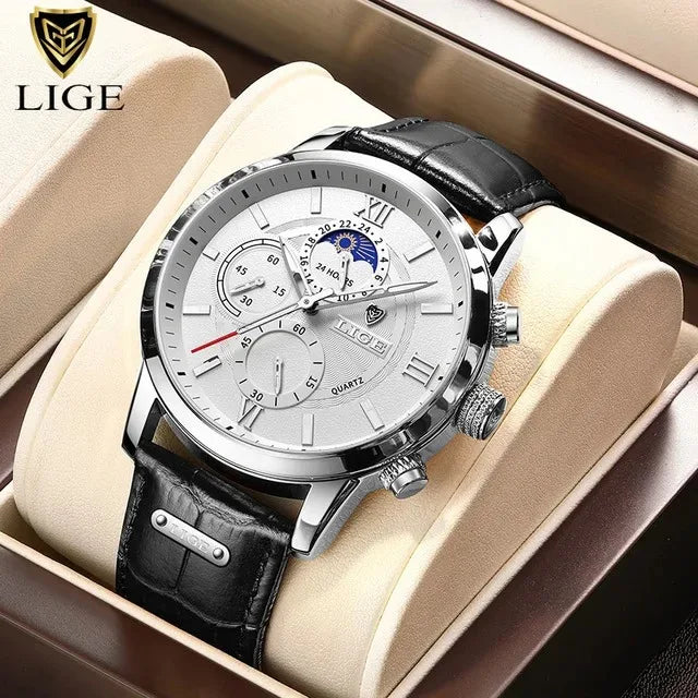 Relojes de moda para hombre LIGE, marca de lujo, reloj de cuarzo informal con correa de piel, reloj deportivo impermeable para hombre, Relogios Masculino + caja