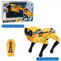 Perro robot biónico amarillo y negro con control remoto, presentado con caja