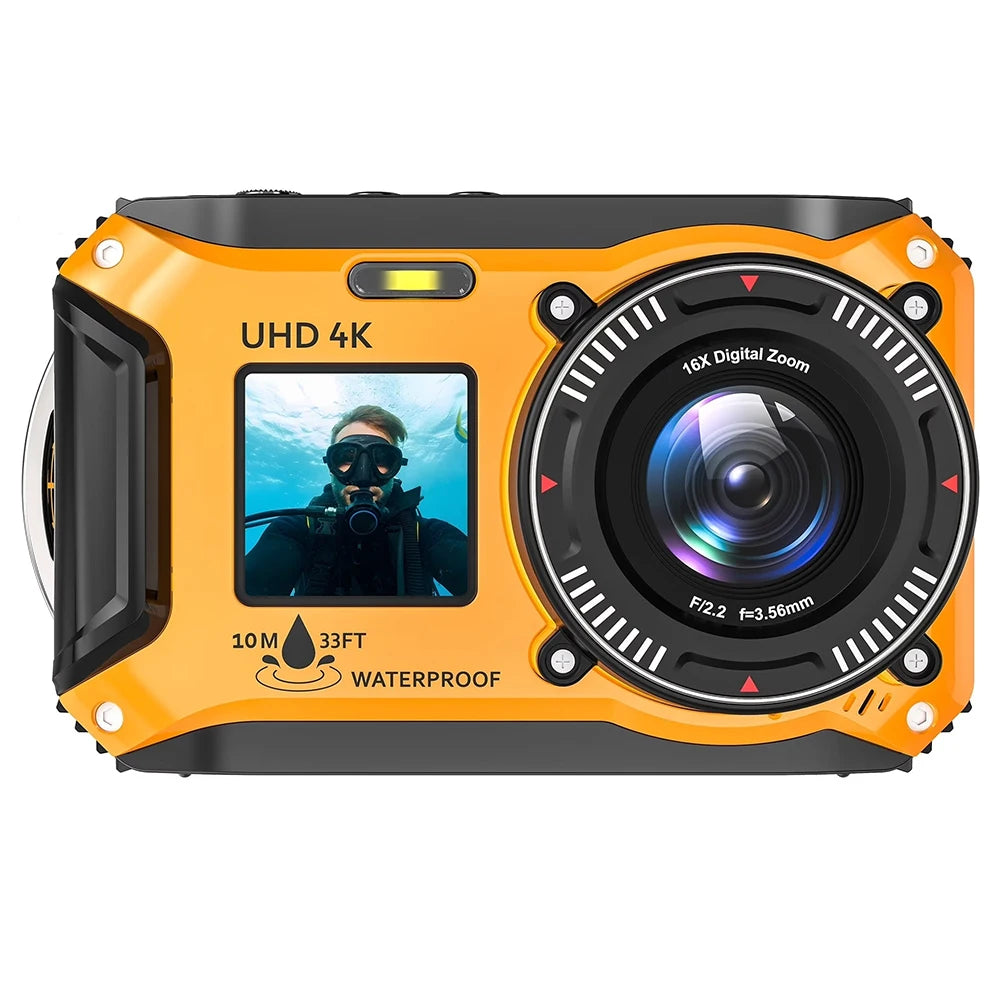 Cámara Subacuática 4K, Cámara Resistente al Agua hasta 33 Pies para Snorkel, Pantalla Dual, Compacta, Resistente al Polvo, Flotante, Autoenfoque, Cámara Digital de 64MP