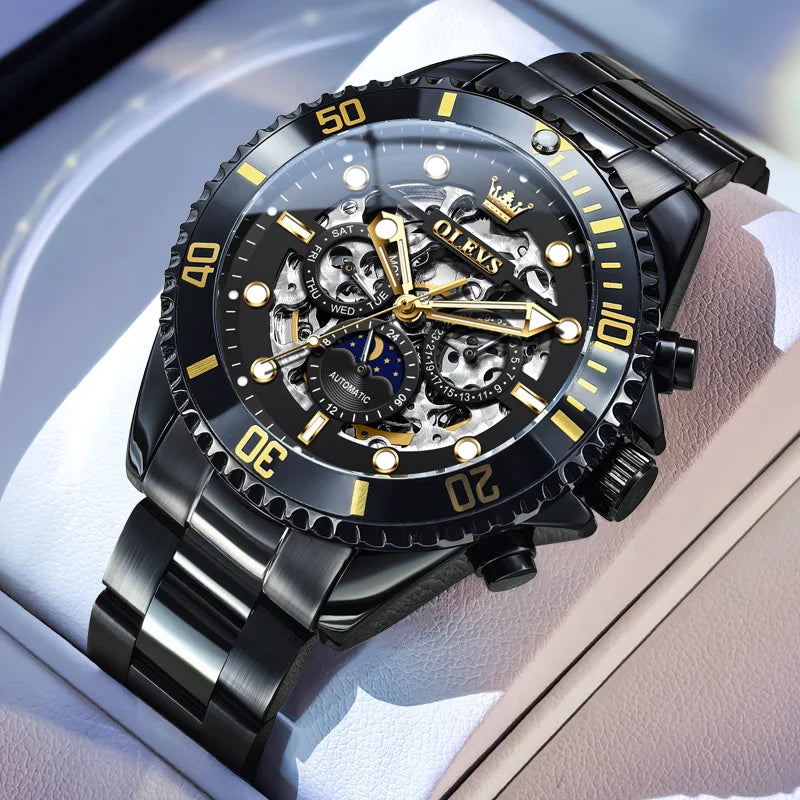 Reloj mecánico para hombre OLEVS 6715, serie de buceo, esfera esqueletizada, acero inoxidable, resistente al agua, fase lunar, fecha, reloj automático de lujo