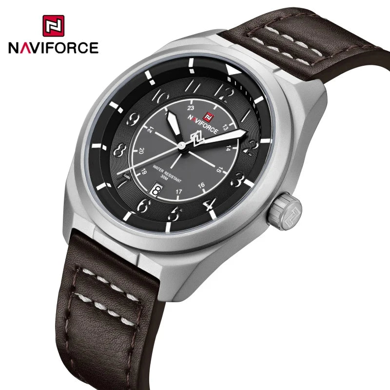 Reloj de pulsera NAVIFORCE para hombre, de cuarzo, elegante, con fecha automática, resistente al agua, de cuero genuino, para negocios, diseño único.