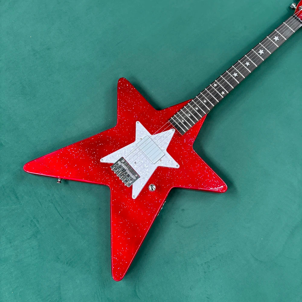 Nueva guitarra eléctrica de 6 cuerdas con cuerpo en forma de estrella, pickguard plateado y un diseño único.