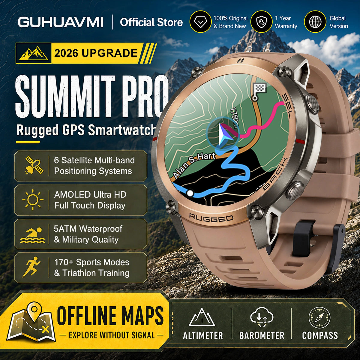 Reloj Inteligente GPS con Mapa Satelital Militar 2026, para Hombre, Pantalla AMOLED de 1.43'', Llamadas Bluetooth, Brújula, Resistente al Agua 5ATM, 170+ Deportes