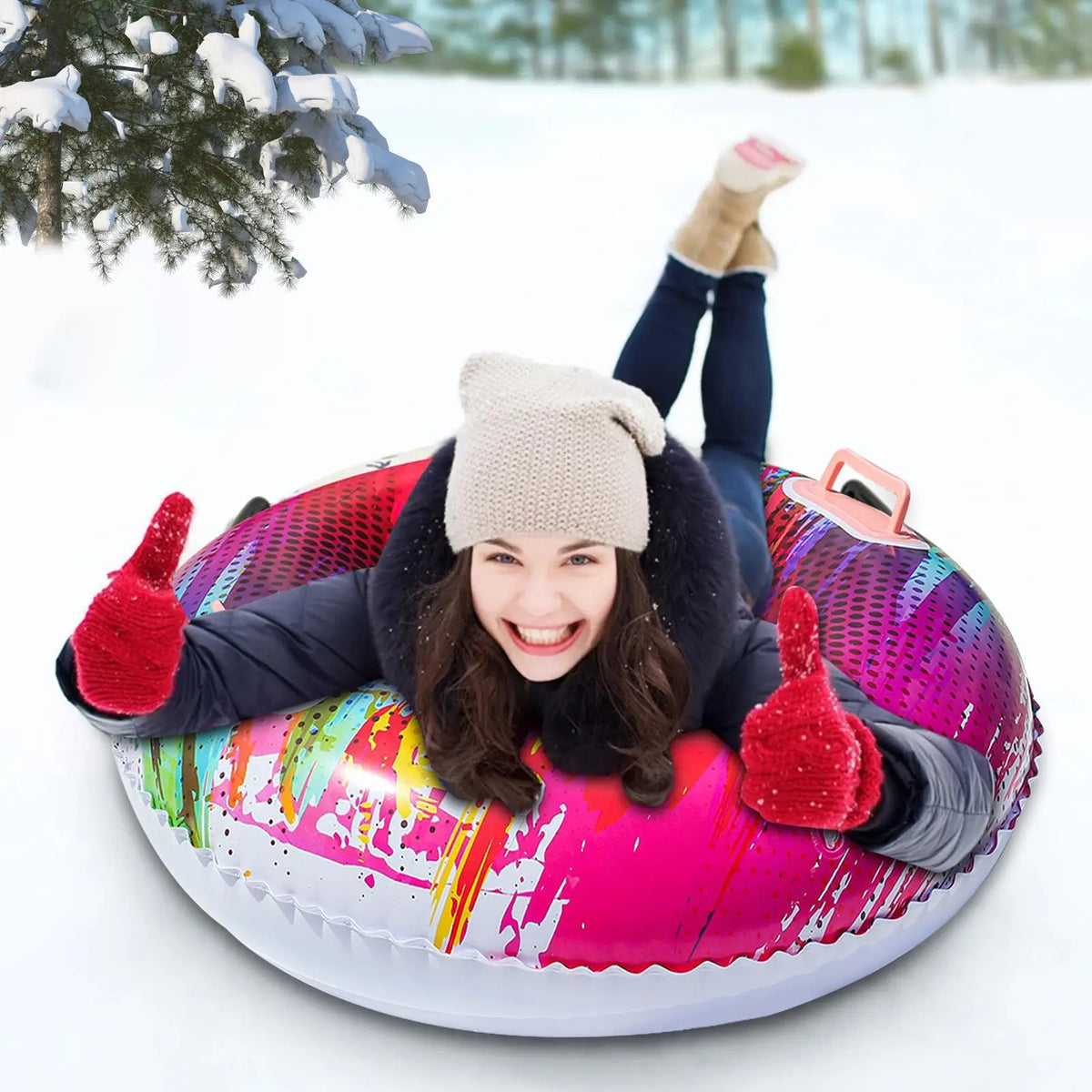 Tubo de Nieve Inflable para Adultos y Niños, Trineo de Nieve Resistente con Base Rígida y Asas, Anillo de Esquí de PVC Engrosado, Accesorios para Juegos de Invierno