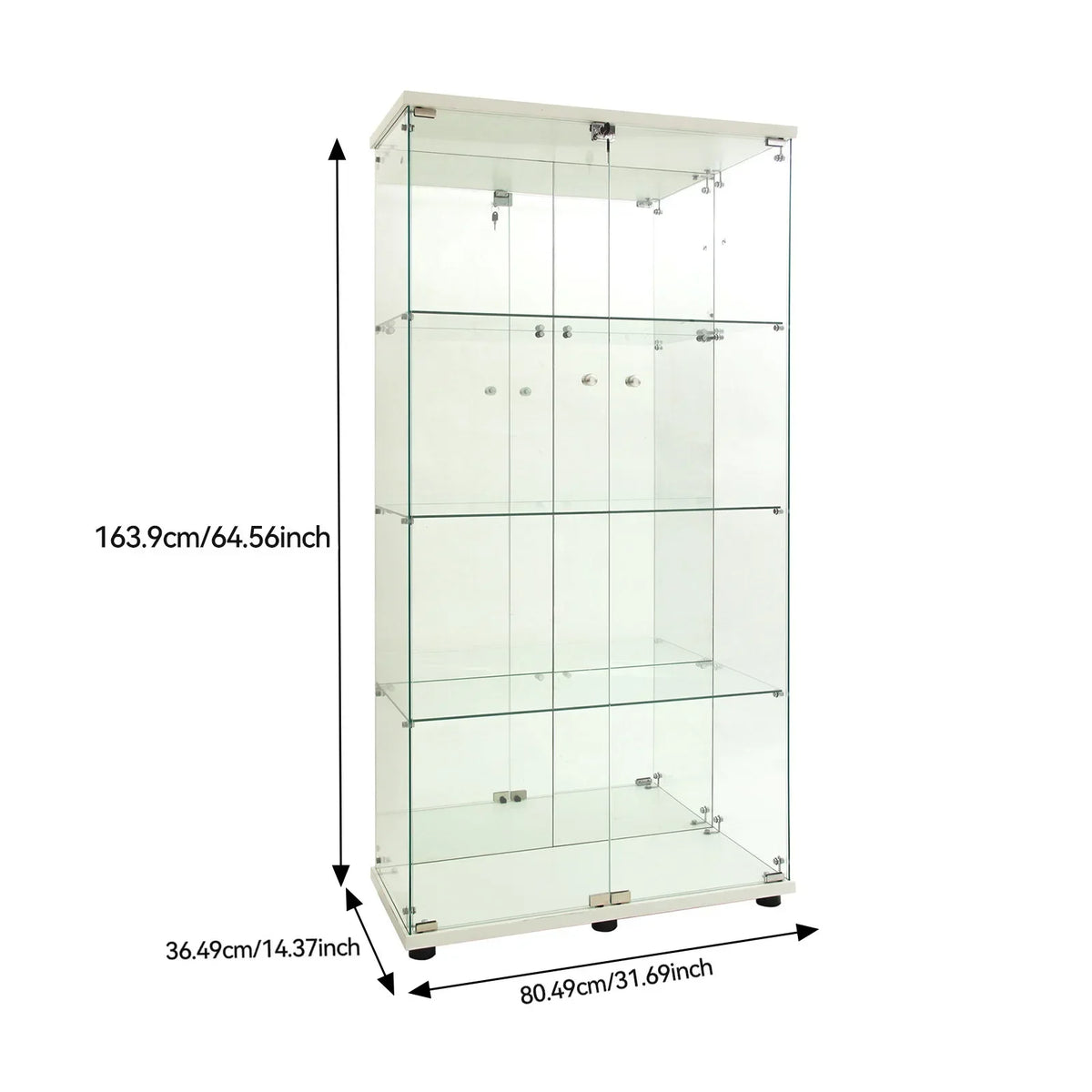 Vitrina de cristal de 164 cm para colecciones, con 2 puertas y 4 estantes, mueble expositor transparente, vitrina para figuras, vitrina de cristal para salón o bar