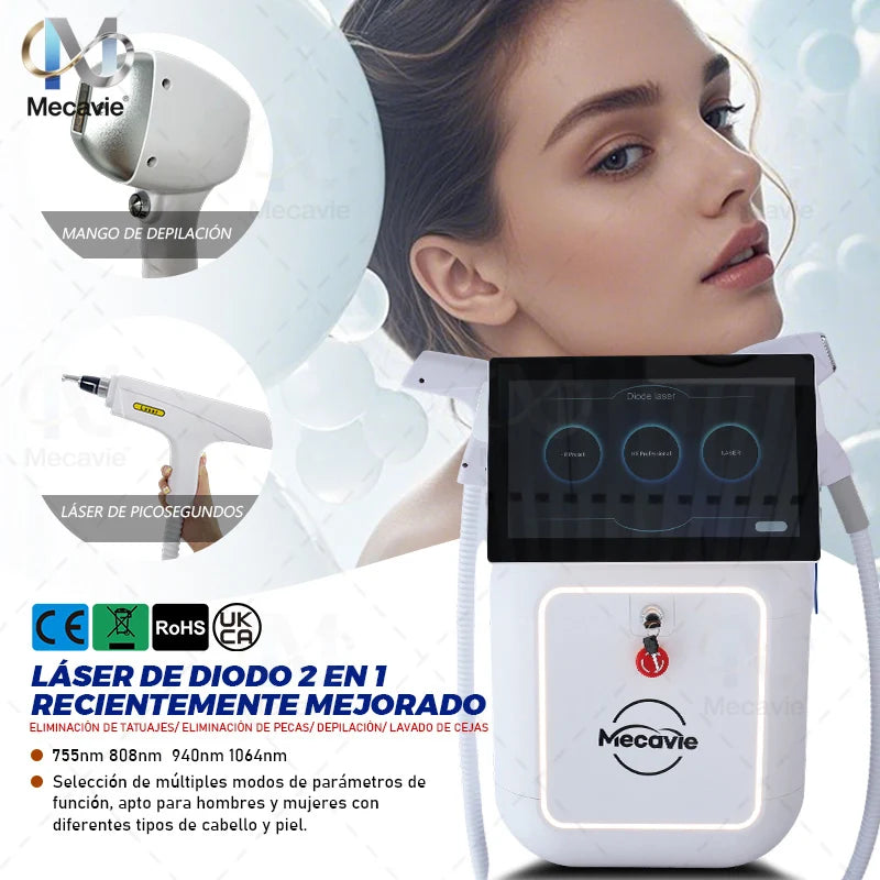 Máquina Láser Diodo + Pico 2 en 1 Mecavie – Tecnología FAC Lens con Enfriamiento de Punto Frío de 4 Longitudes de Onda – Depilación Indolora y Eliminación de Tatuajes para Todos los Tonos de Piel – 755/808/940/106