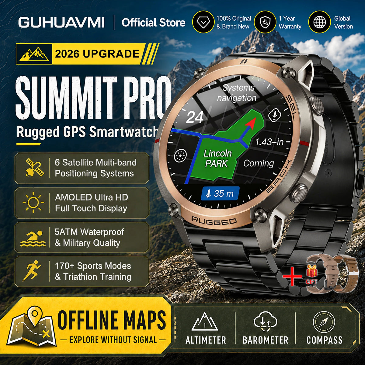 Reloj inteligente militar 2026, mapa sin conexión, GPS, pantalla AMOLED de 1.43'', llamadas Bluetooth, brújula, sumergible 5ATM, más de 170 modos deportivos