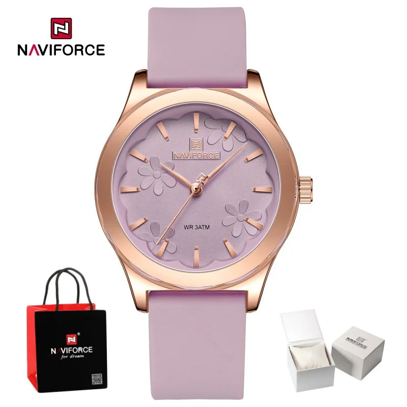 Relojes de moda sencillos para mujer NAVIFORCE, reloj de cuarzo resistente al agua con correa de silicona suave, diseño exquisito y único, caja de regalo.