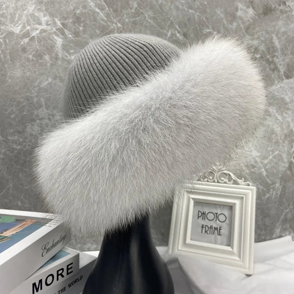 Nuevos y elegantes gorros para mujer, gorro de invierno cálido y esponjoso con hueso, gorro de piel de zorro Natural grueso y suave para exteriores, sombreros de cúpula para mujer