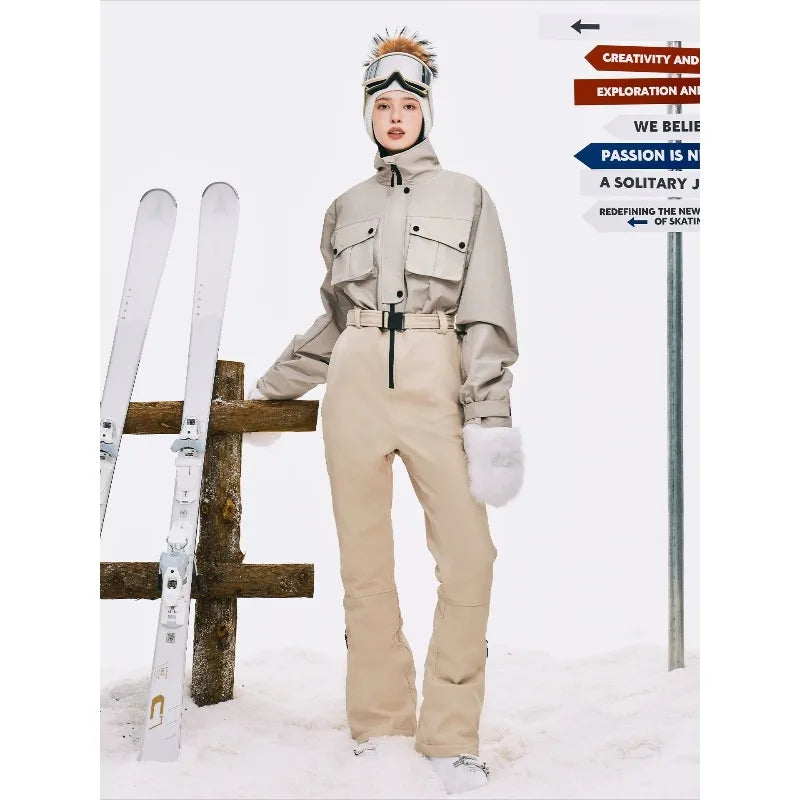 Traje de Esquí de una Pieza Color Caqui para Mujer, con Costuras Selladas 3L, Impermeable, Térmico, Ajustado, para Snowboard