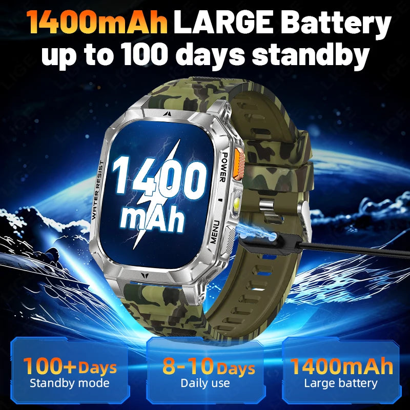 Reloj inteligente militar LIGE de 1400 mAh con batería de larga duración, pantalla HD de 2.01", linterna LED y luz SOS, llamadas BT y monitor de salud para hombre