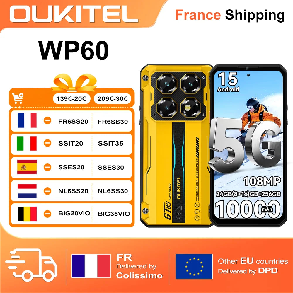 OUKITEL WP60 5G 24GB (8+16)GB+256GB ROM, Pantalla HD+ de 7.2” y 120Hz, Teléfono Inteligente MTK 7025, Teléfono Resistente de 10000mAh, 108MP, Android 15, NFC