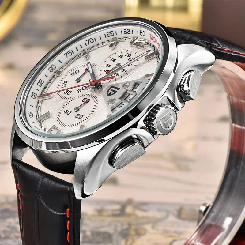 Reloj Cronógrafo Deportivo Multifuncional Impermeable para Hombre PAGANI DESIGN PD-3306, Reloj de Cuarzo Militar con Correa de Piel