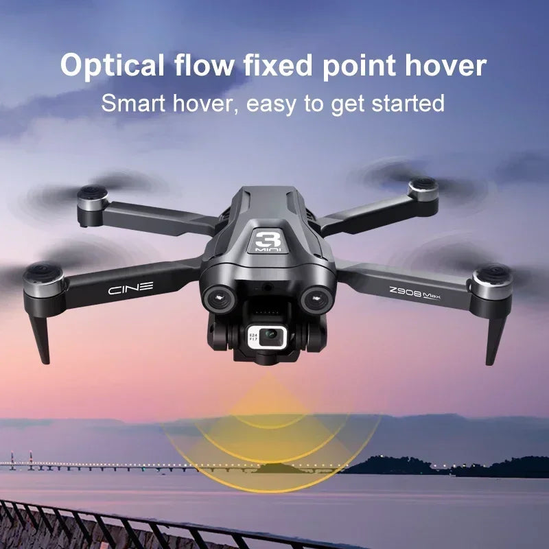 Dron RC plegable gris oscuro con cuatro hélices y cámara frontal