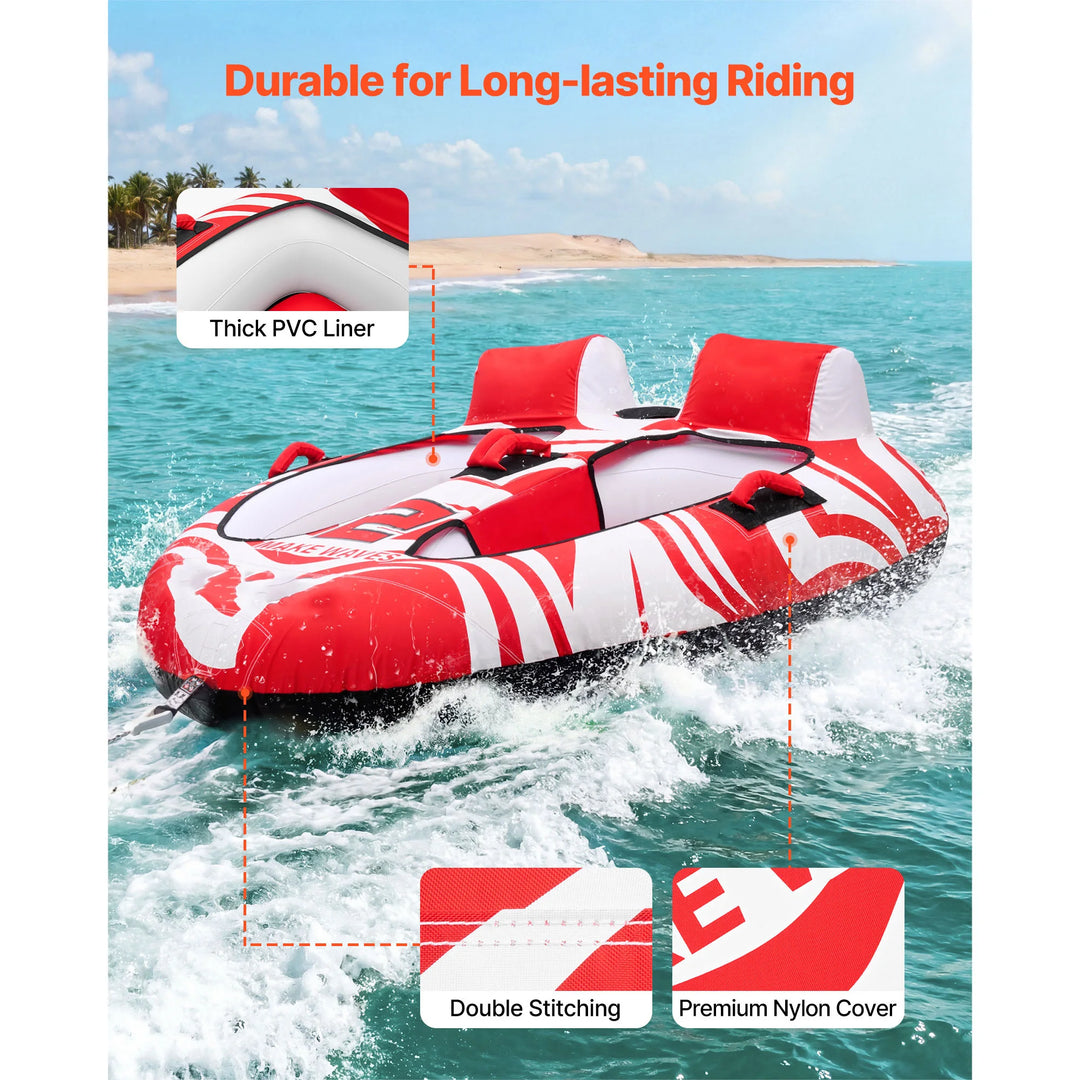 VEVOR Flotador de Arrastre Inflable para Deportes Acuáticos 163 x 160 x 56 cm, Flotador Remolcable para 2 Personas, Capacidad de 154 kg, con Dos Cabinas, Cubierta de Nailon, Asas Acolchadas, Rojo