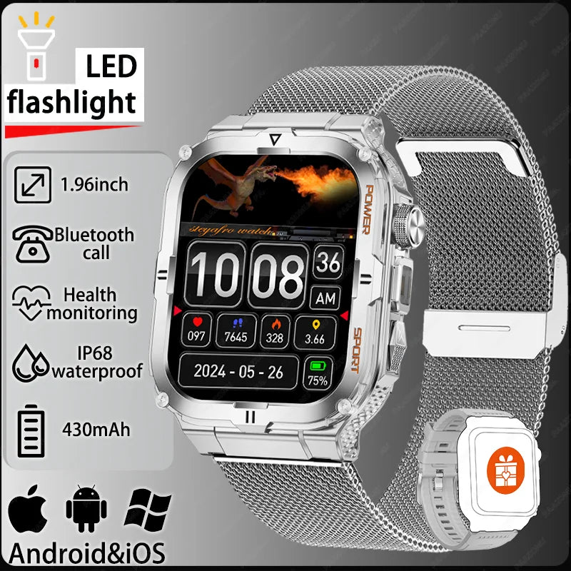 Reloj inteligente para hombre 2026, linterna LED, resistente al agua IP68, reloj deportivo para exteriores, monitoreo de salud, rastreador de actividad física para iOS y Android