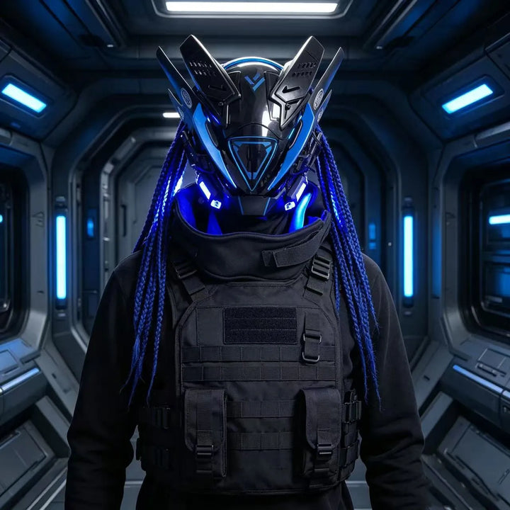 Cyberpunk máscara futurista Techwear, decoración de casco de Cosplay de Halloween con trenza ligera y sucia, Caballero de estilo guerrero japonés Sty