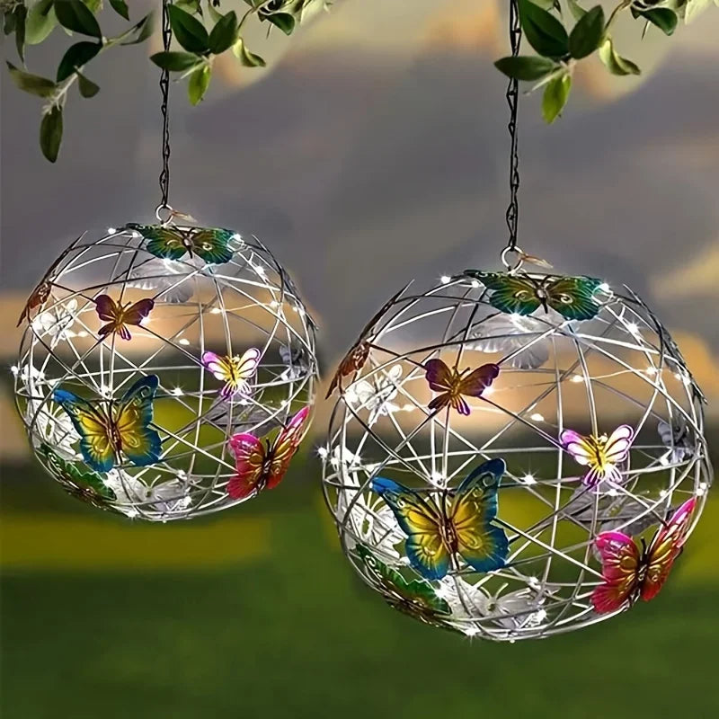 Luz de bola Solar para exteriores con luz de mariposa, lámpara colgante decorativa, LED, impermeable, luz colgante para jardín, decoración de patio, noche