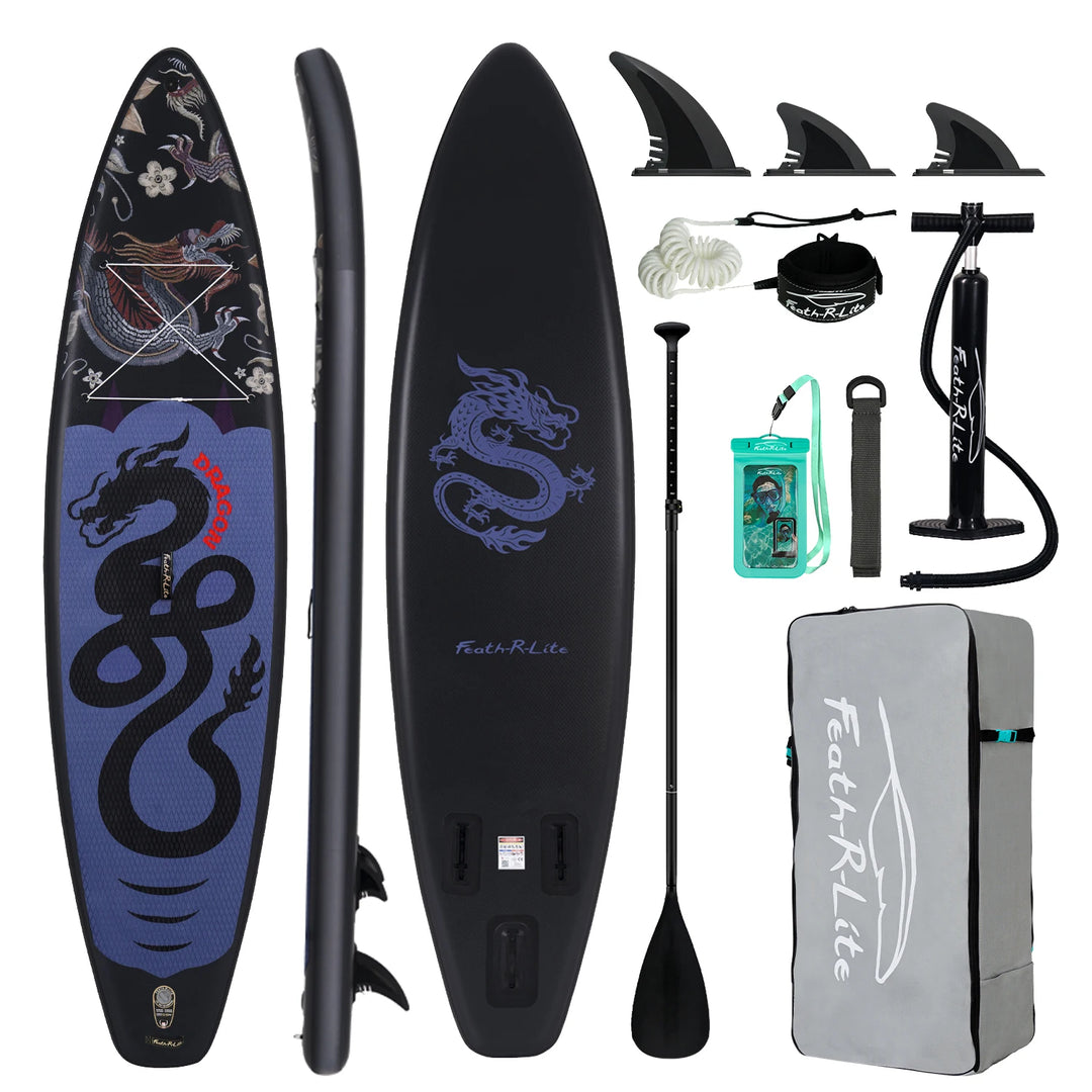 SUP hinchable Funwater SUPFR17U, 350x84x15 cm, 180 kg+, tabla de paddle surf negra y morada con diseño de dragón para yoga, pesca y paseos por lagos y bahías tranquilas, kit de accesorios incluido