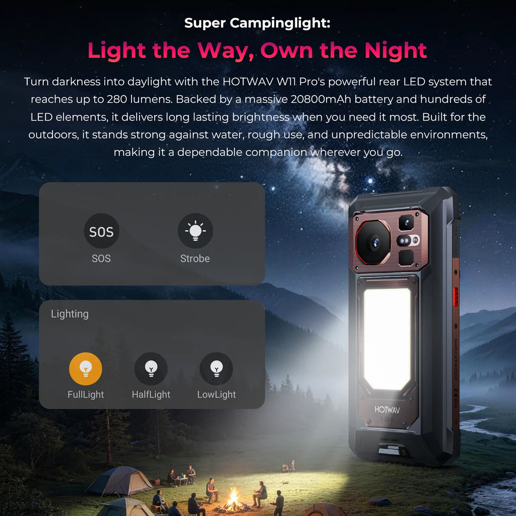 HOTWAV Newest W11 Pro Android 16 Octa-core Rugged Cellphone 6.6'' FHD+ 120Hz Display 20800mAh Massive Battery 33W Fast Charging Smartphone 6GB RAM 256GB ROM Super Camping Light 64MP+20MP+16MP Camera Mobile Phone With Hi Hoti