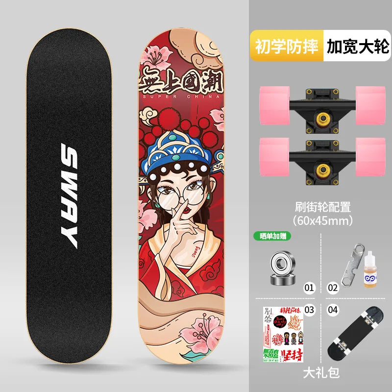 Patineta de 4 Ruedas con Doble Amortiguación para Adultos, Profesional para Principiantes, Resistente a Arañazos y Duradera para Trucos