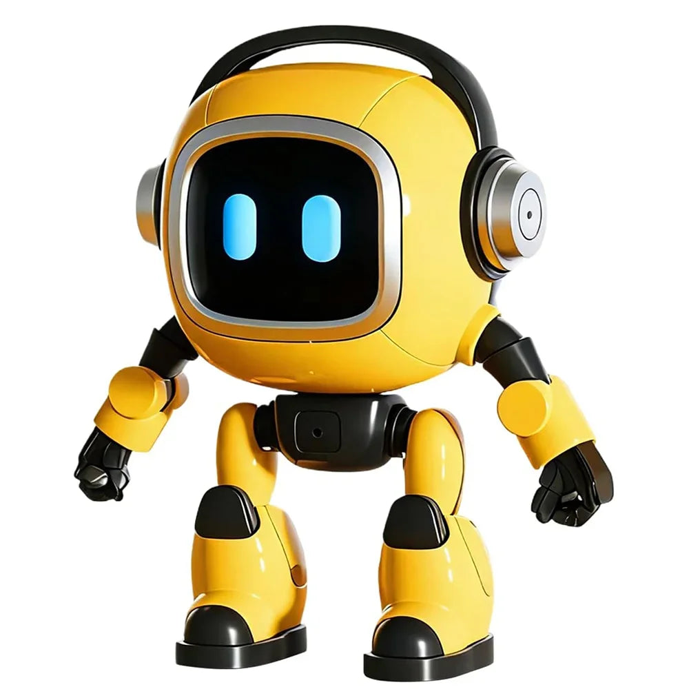 Robot amarillo con pantalla azul luminosa, auriculares y brazos flexibles