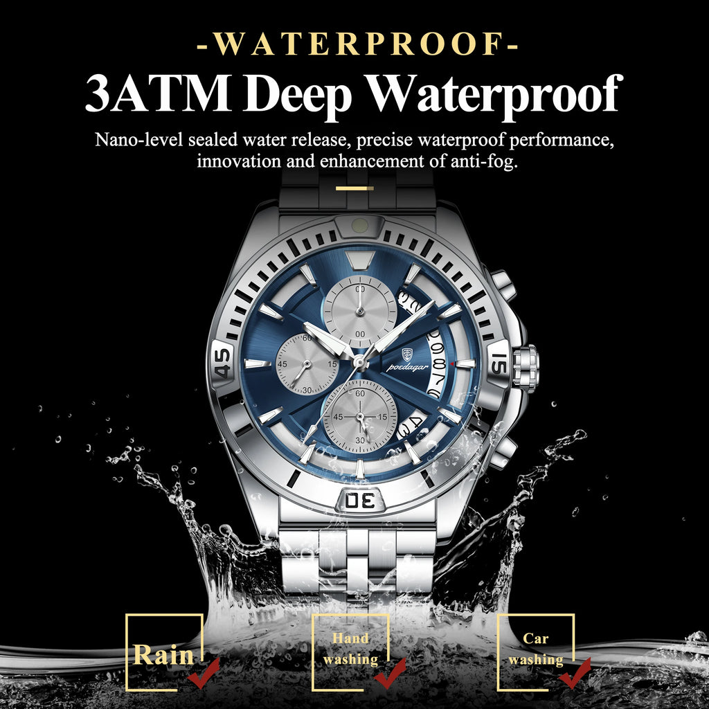 POEDAGAR Fashion Man Wristwatch Luminous Waterproof Stainless Steel Men Watch Date Chronograph Quartz Sports Men's Watches Reloj