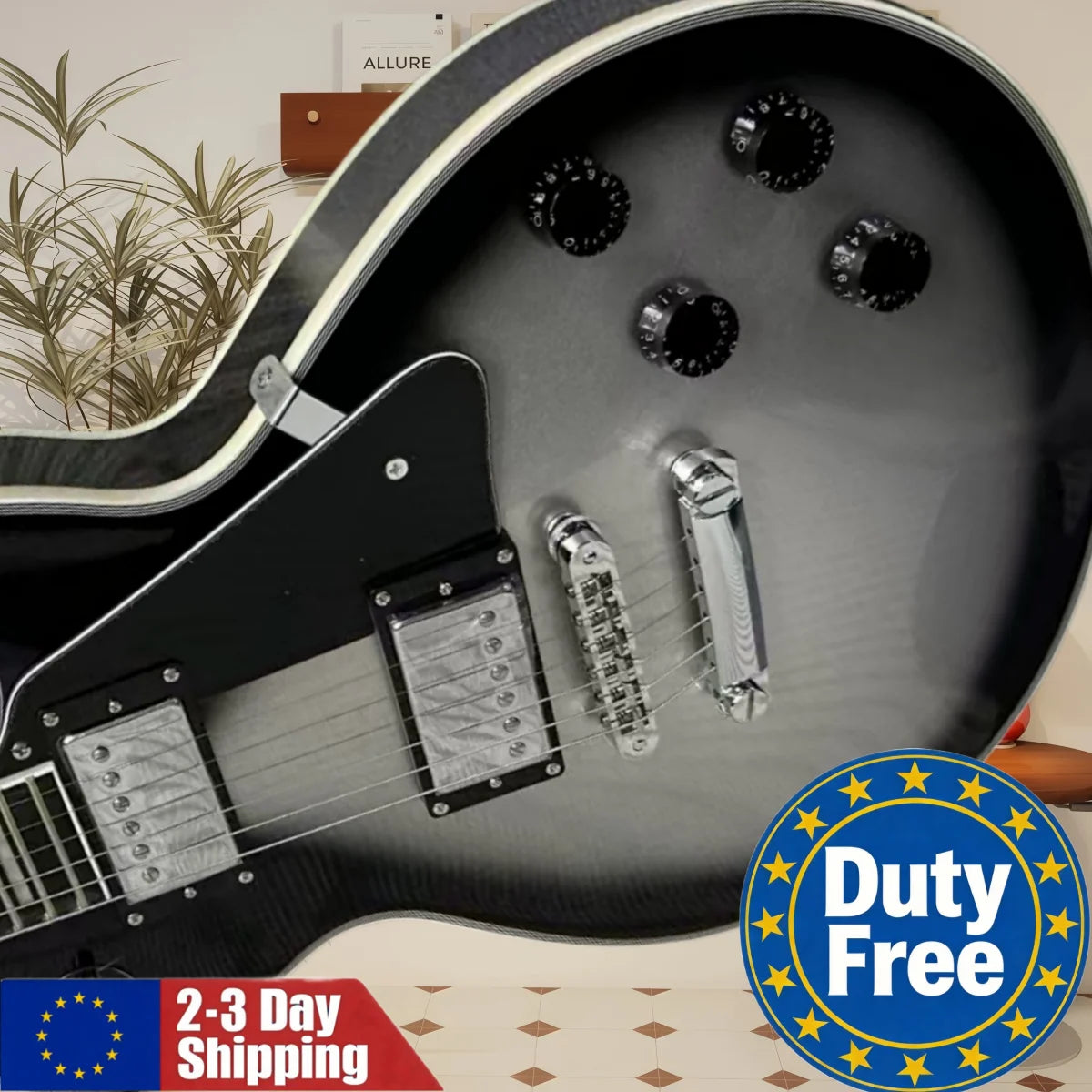 Guitarra de rock alemana negra y plateada, lista para enviar, con puente fijo, pastillas HH, mástil de palisandro, ideal como regalo para el aprendizaje de música de rock.