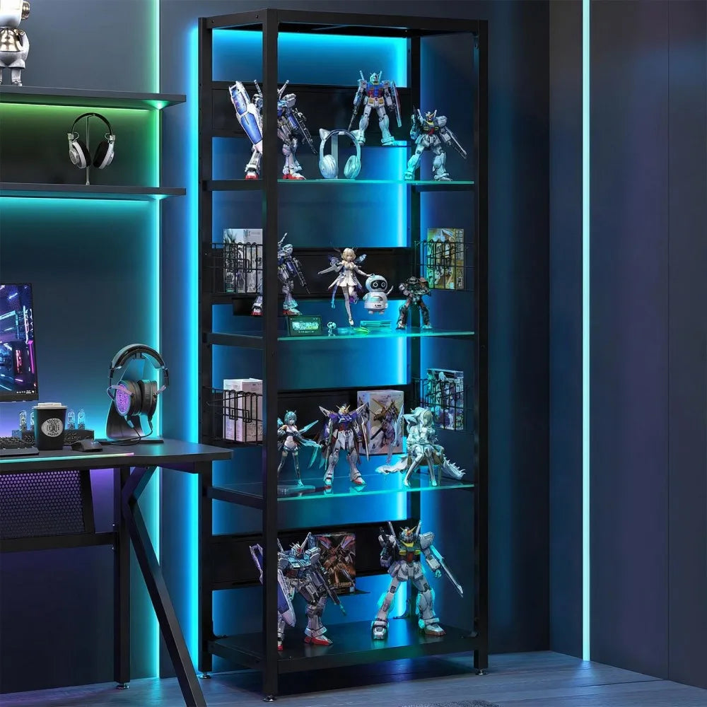 Estantería vitrina de 4 niveles con luz LED RGB azul y marco metálico negro