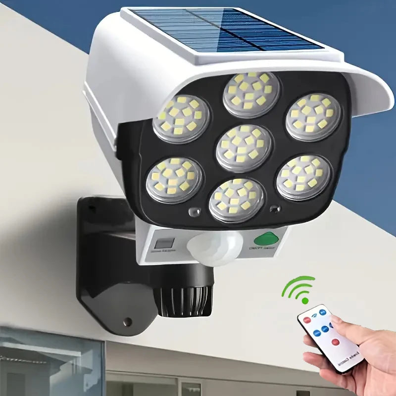 Luces solares con sensor de movimiento para exteriores, 2000 lúmenes, 77 LED, luz LED solar con sensor de movimiento, cámara de seguridad inalámbrica, focos para exteriores