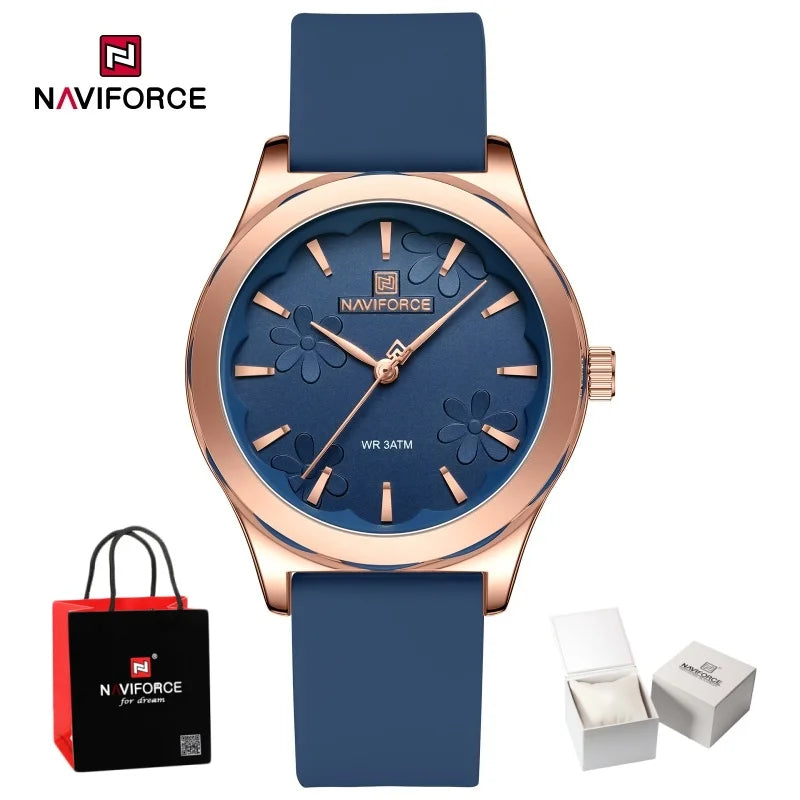 Relojes de moda sencillos para mujer NAVIFORCE, reloj de cuarzo resistente al agua con correa de silicona suave, diseño exquisito y único, caja de regalo.