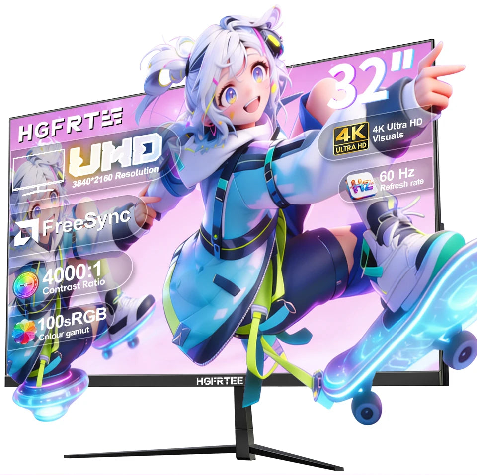 Monitor de pantalla plana UHD 4K de 32 pulgadas HGFRTEE, panel VA de 3840x2160, AMD FreeSync, pantalla de juegos sin marco con luz azul baja y VESA