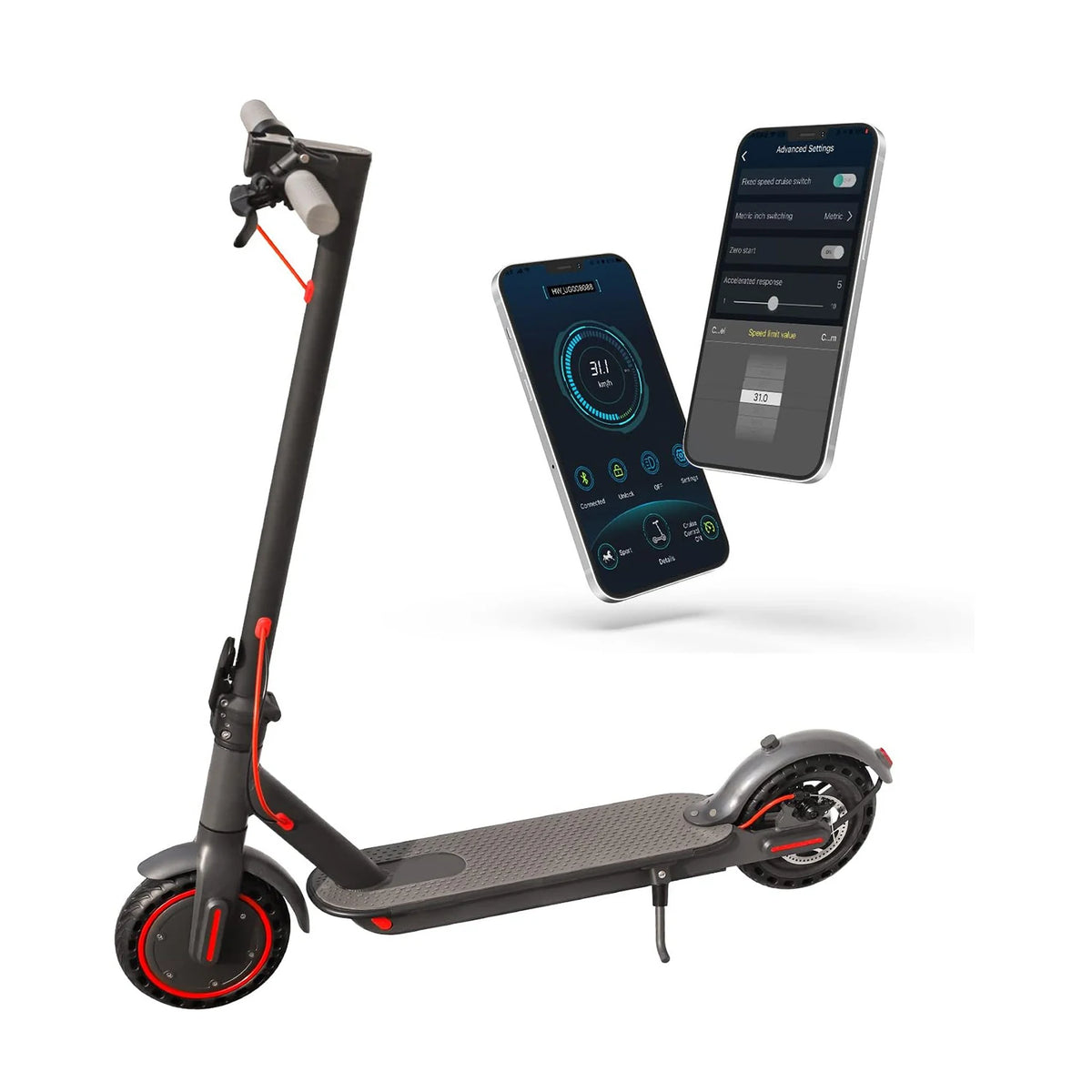 Patinete eléctrico negro con ruedas pequeñas y app en el móvil para controlar