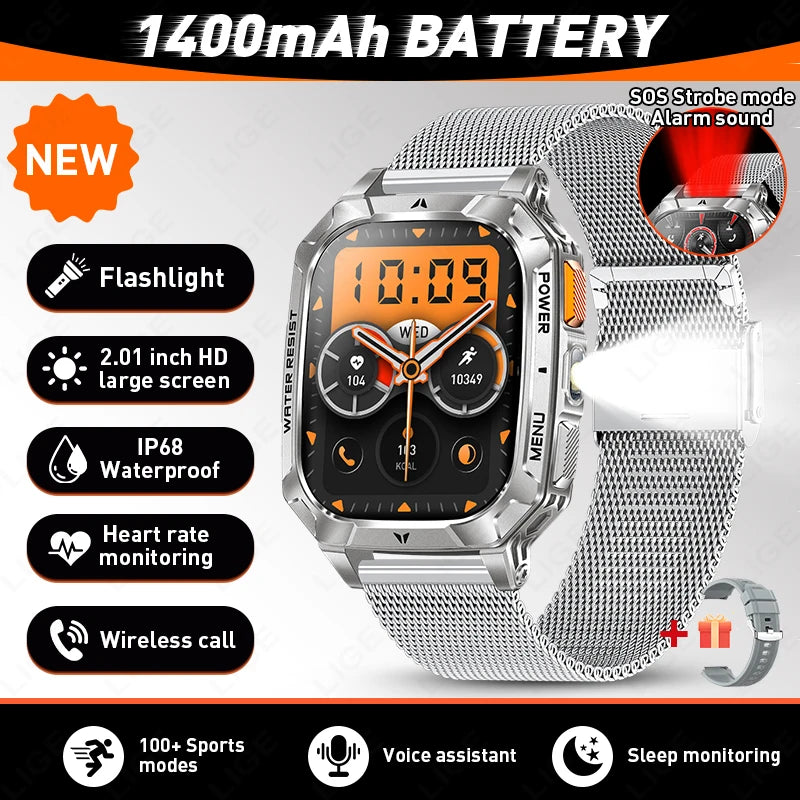 Reloj inteligente militar LIGE de 1400 mAh con batería de larga duración, pantalla HD de 2.01", linterna LED y luz SOS, llamadas BT y monitor de salud para hombre
