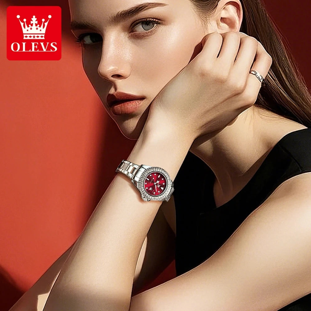 Reloj de pulsera elegante para mujer OLEVS, resistente al agua, con calendario luminoso, reloj de cuarzo para mujer de acero inoxidable, rojo, femenino