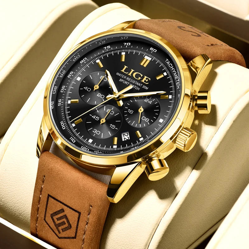 Reloj LIGE de lujo para hombre, cronógrafo de alta calidad, resistente al agua, luminoso, reloj de pulsera de cuarzo con correa de piel, estilo casual