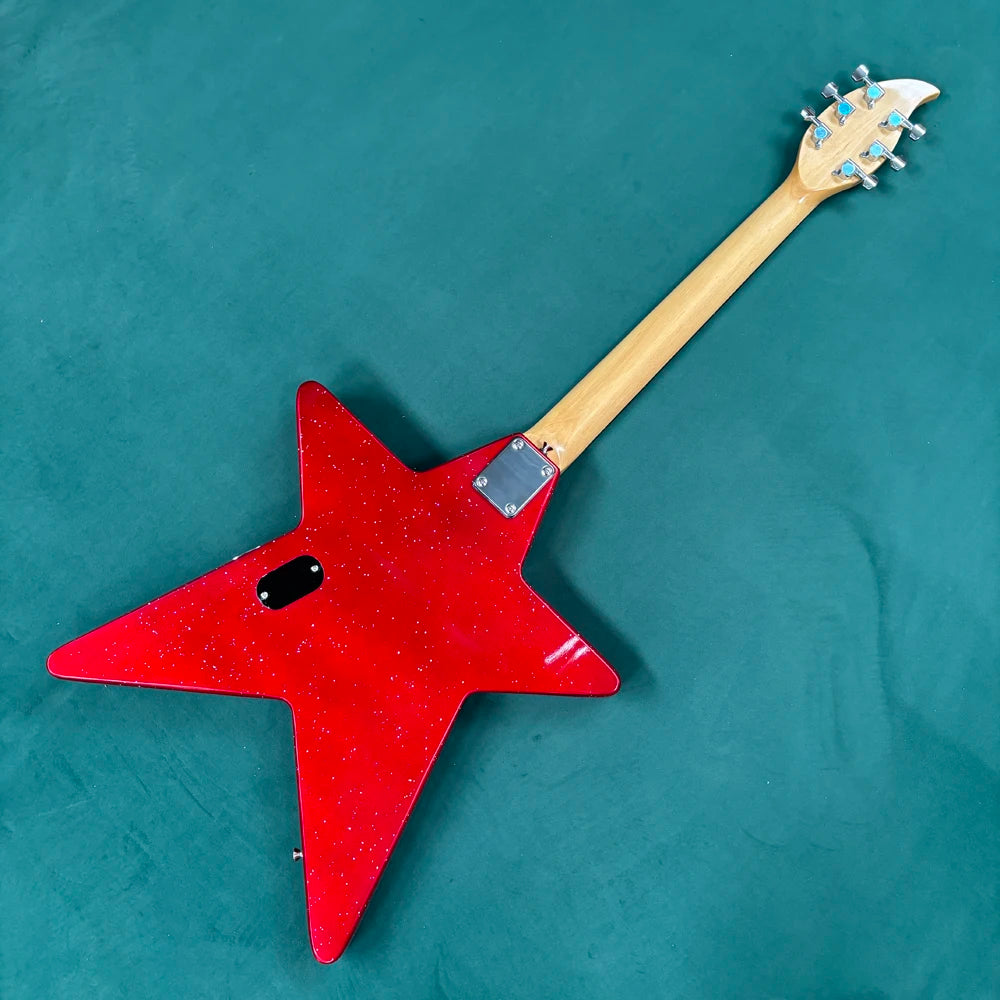 Nueva guitarra eléctrica de 6 cuerdas con cuerpo en forma de estrella, pickguard plateado y un diseño único.