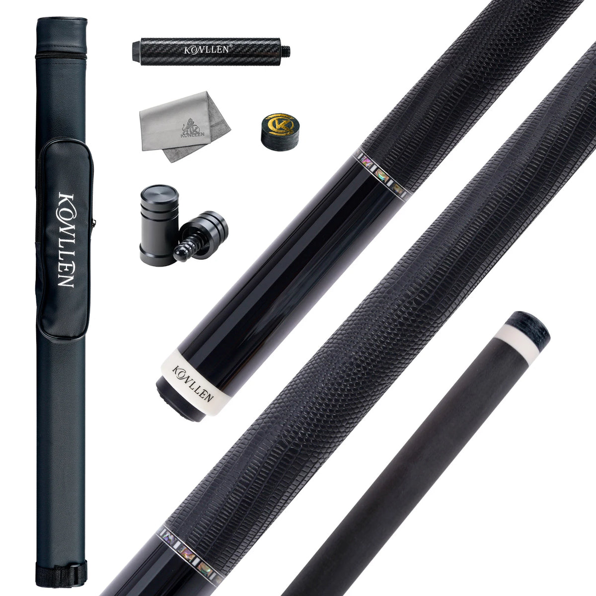 Taco de billar KONLLEN 2.0 de fibra de carbono con flecha Pro Taper de baja deflexión, 58 pulgadas, punta de 12.5 mm / 11.8 mm, pin radial e incrustaciones de ébano real.