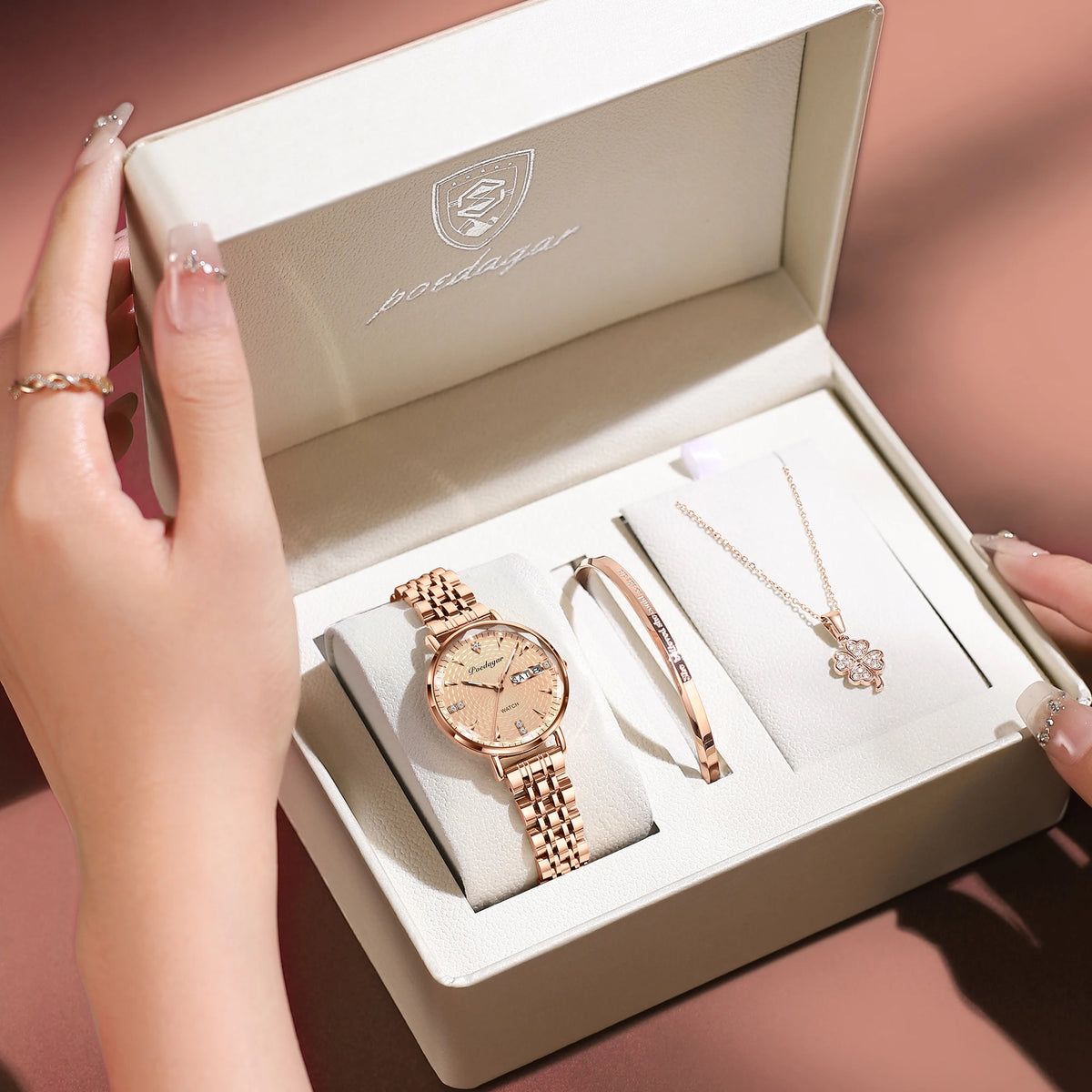 POEDAGAR Juego de 3 relojes de pulsera elegantes para mujer, de acero inoxidable, impermeables, luminosos, con fecha y día, de cuarzo, con caja de lujo