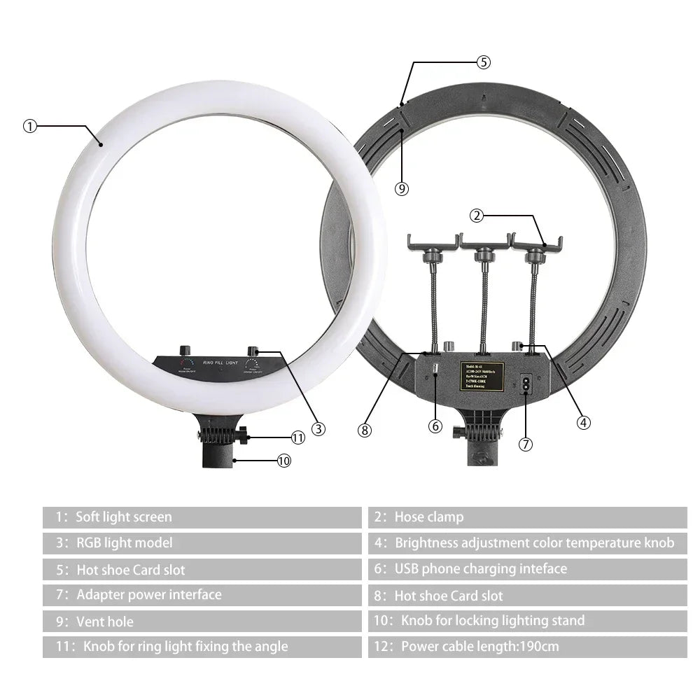 Anillo de Luz LED RGB para Selfies con Trípode, 11 Estilos, 18 Pulgadas (45 cm), Recargable por USB, Regulable, para Estudio Fotográfico