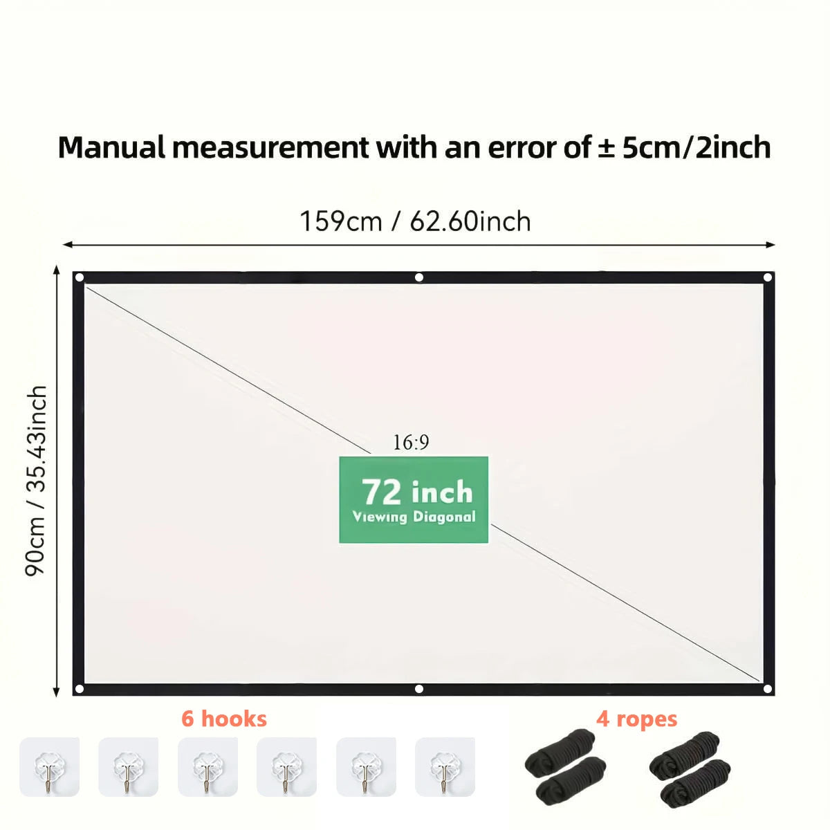 Pantalla de proyección rectangular con 6 ganchos y 4 cuerdas de sujeción