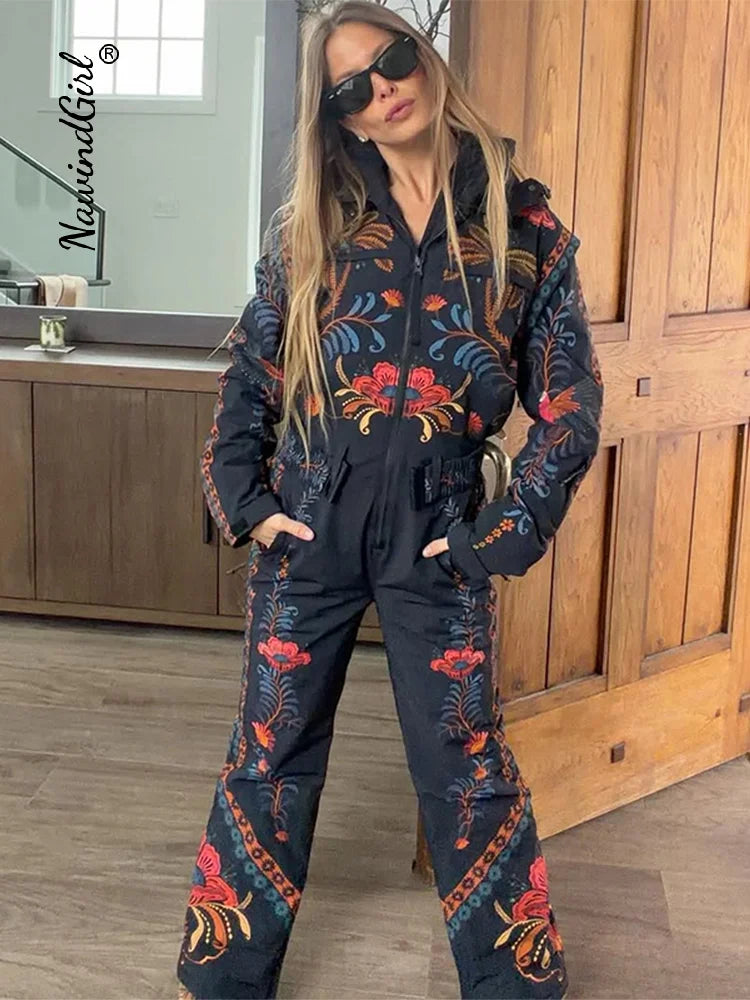 Mono de esquí vintage estampado para mujer, manga larga, con cremalleras, cuello alto y bolsillos, ropa de esquí de moda para mujer invierno 2026.