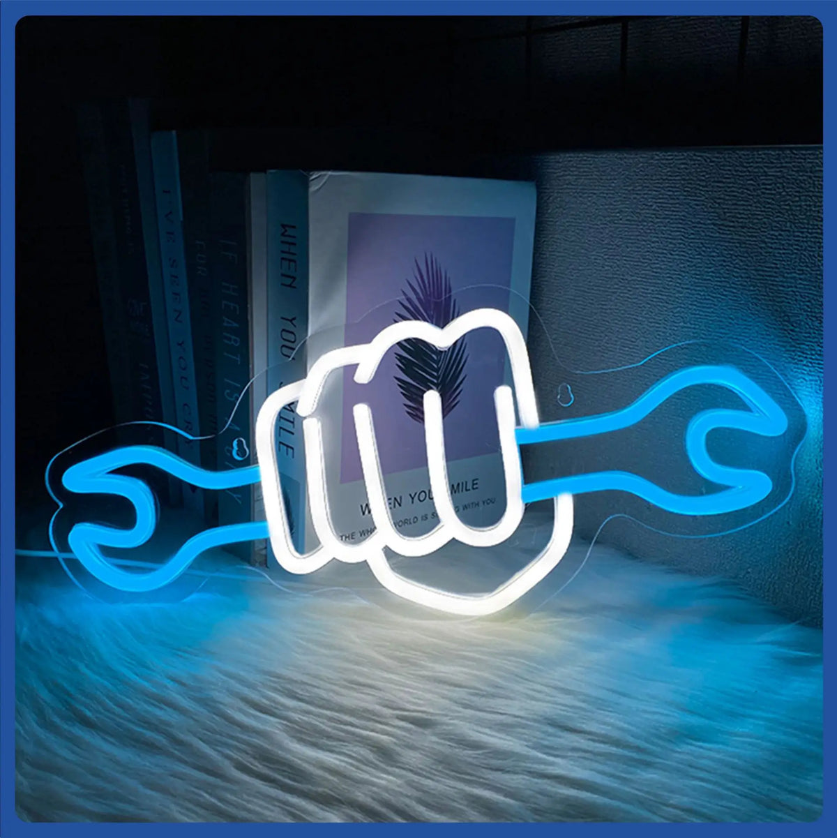 Letrero de neón LED con forma de mano blanca y líneas azules onduladas