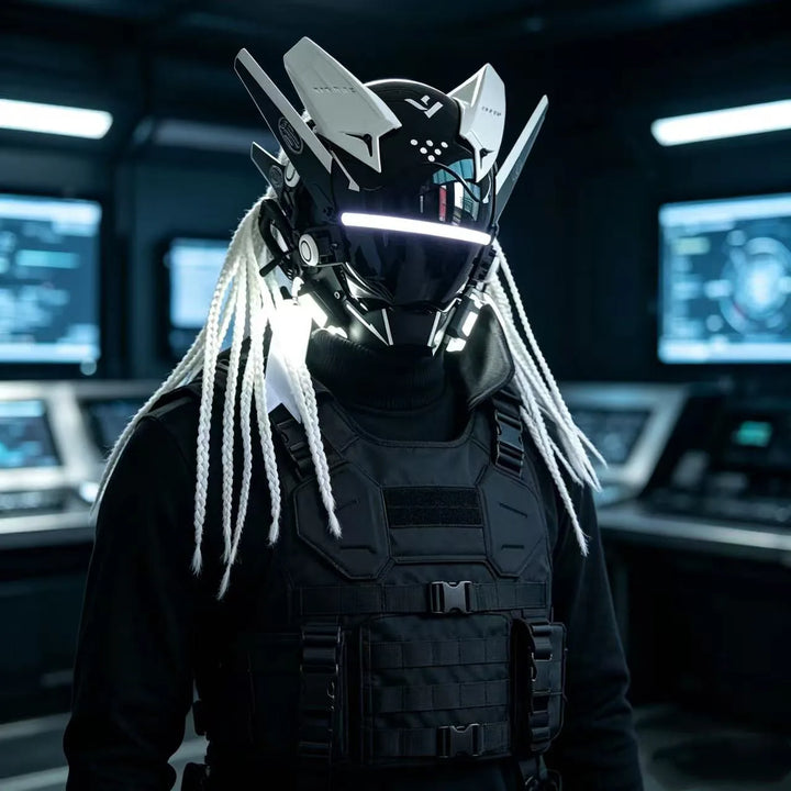 Cyberpunk máscara futurista Techwear, decoración de casco de Cosplay de Halloween con trenza ligera y sucia, Caballero de estilo guerrero japonés Sty