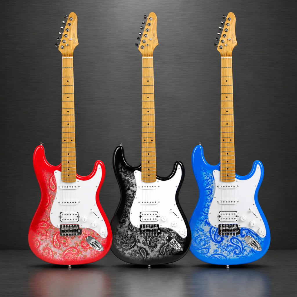Guitarra eléctrica de estilo ST, 22 trastes, con diseño de estampado paisley, forma clásica ST, ideal para guitarristas de rock y blues.